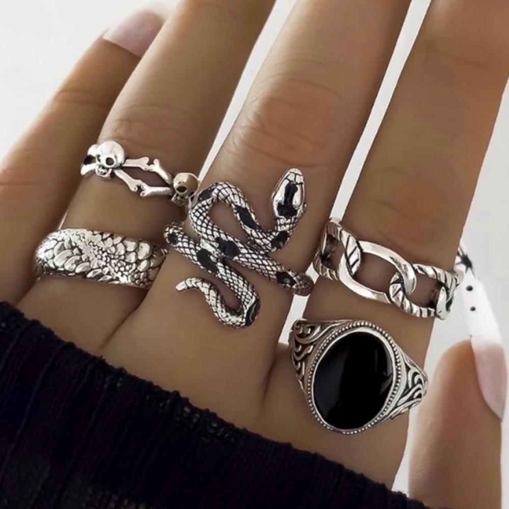 💞 New Set of 5 Size 6 White Gold Plated Silver Statement Rings